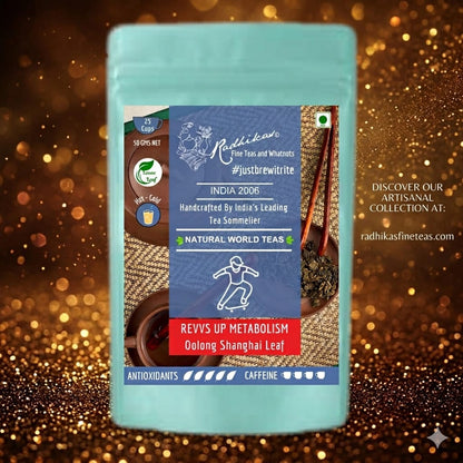 Tea package with branding and product details on a glittery gold background