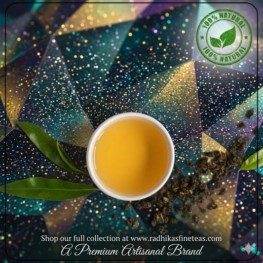 Tea cup with tea leaves and a decorative background featuring '100% Natural' label.