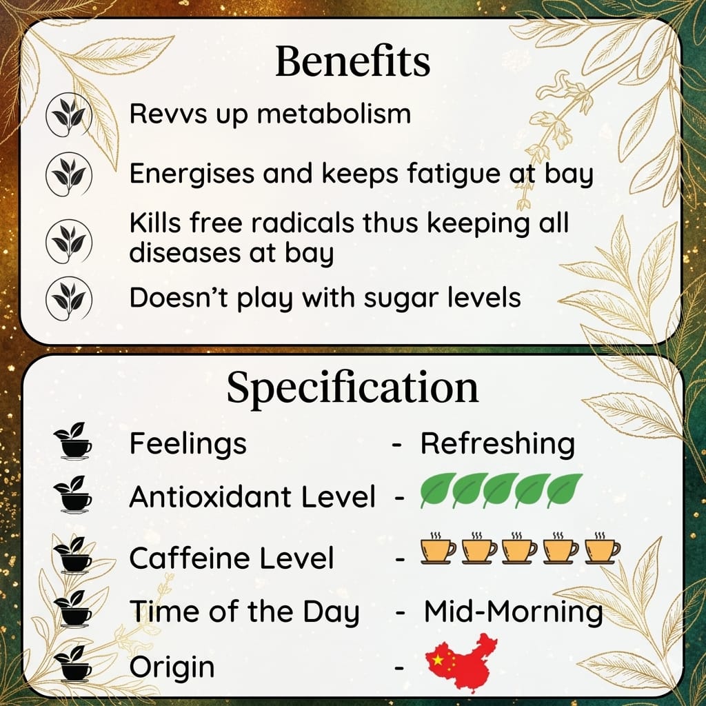 Product label with benefits and specifications on a decorative background