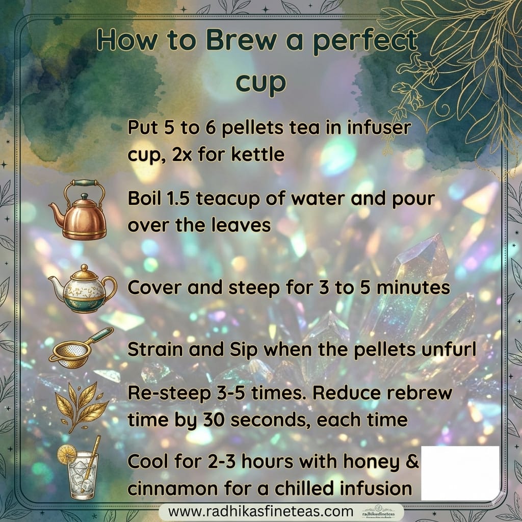 Instructions on how to brew a perfect cup of tea with decorative elements and a colorful background.