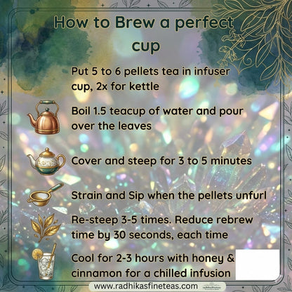 Instructions on how to brew a perfect cup of tea with decorative elements and a colorful background.