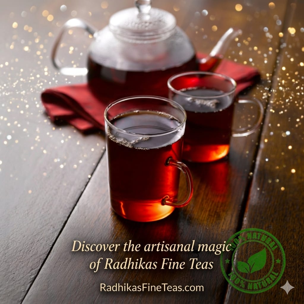 Two glasses of tea with a teapot on a wooden table, featuring Radhikas Fine Teas branding.