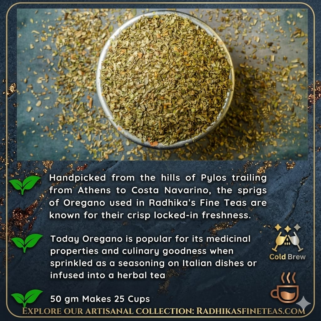 Oregano spice in a small bowl with text about its origin and uses on a dark background