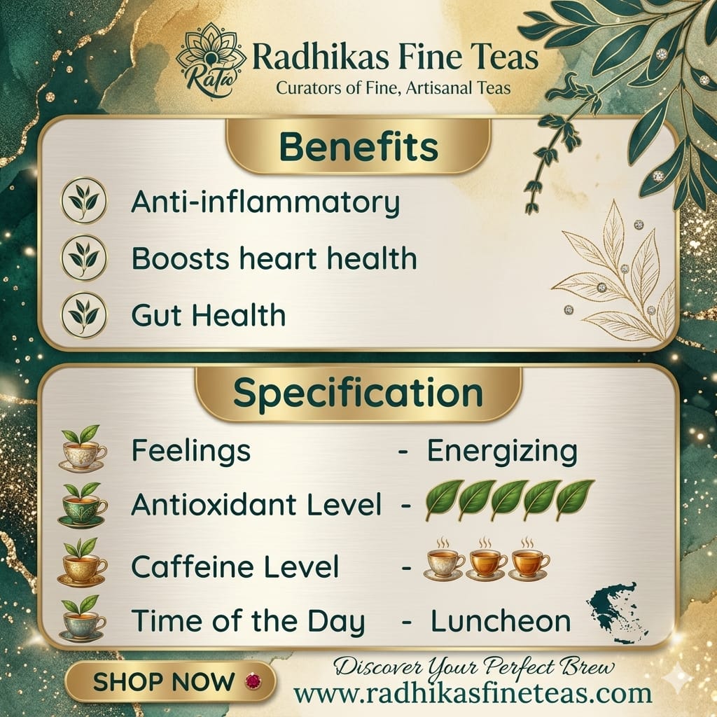 Promotional graphic for Radhikas Fine Teas with benefits and specifications of a tea product.