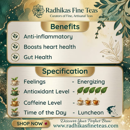 Promotional graphic for Radhikas Fine Teas with benefits and specifications of a tea product.