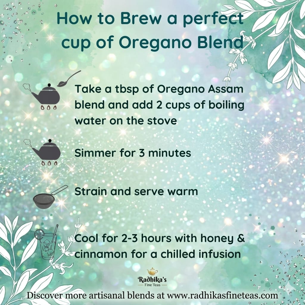 Instructions for brewing a perfect cup of Oregano Blend with teacup illustrations on a decorative background.