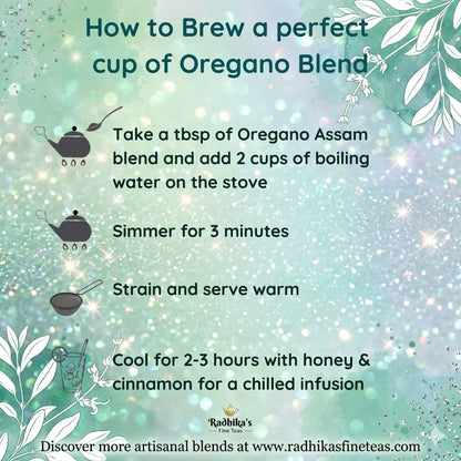 Instructions for brewing a perfect cup of Oregano Blend with teacup illustrations on a decorative background.
