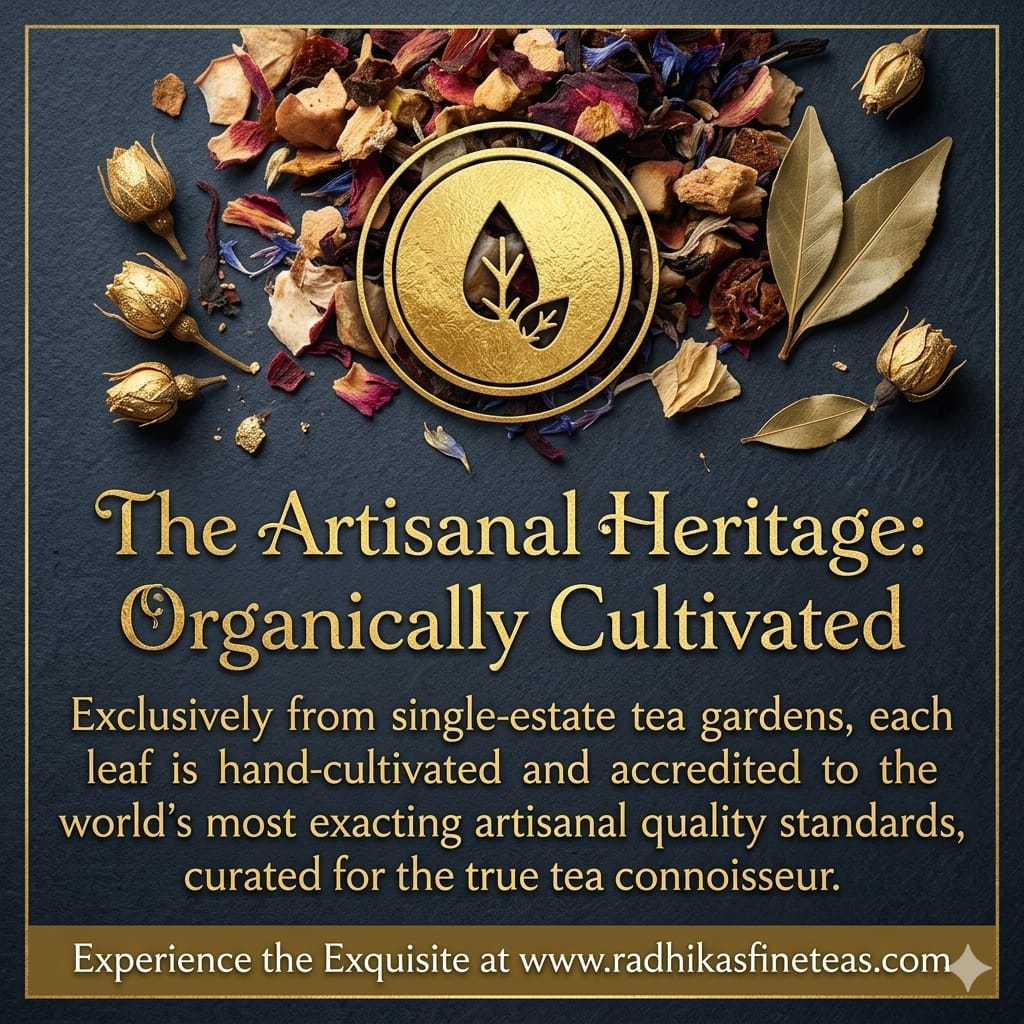 Tea leaves and a gold emblem on a dark background with promotional text for Radhika's Fine Teas.
