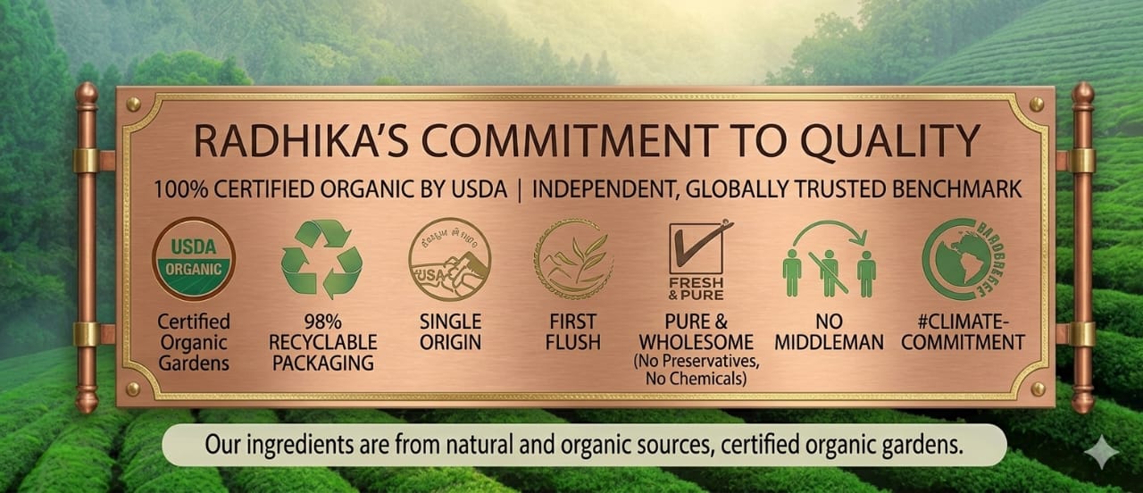 Signboard detailing Radhika's commitment to quality with greenery in the background