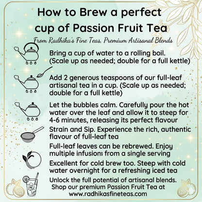 Instructions for brewing passion fruit tea from Radhika's Fine Teas on a light blue background.