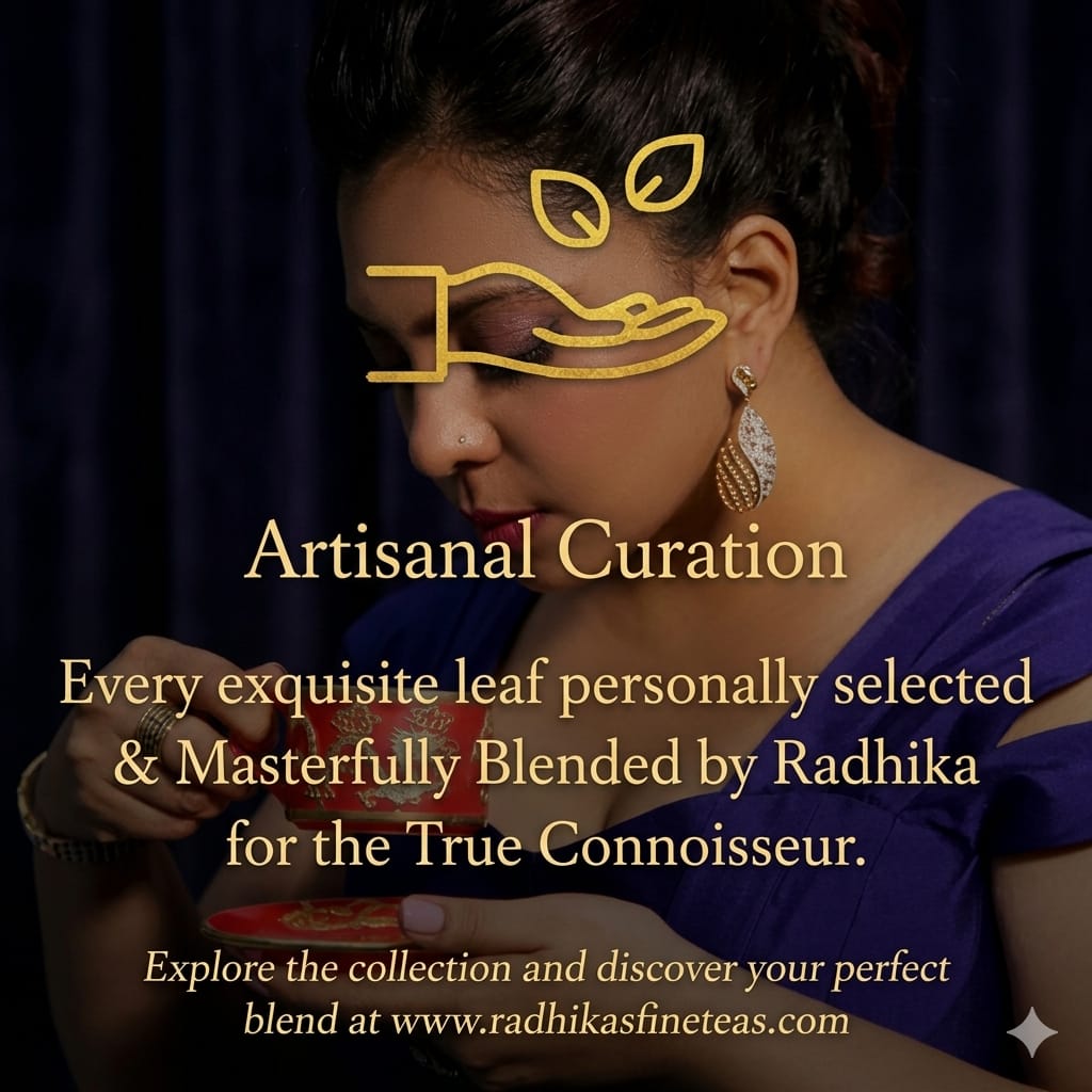 Woman in a blue saree holding a tea bag with text about Radhika's tea