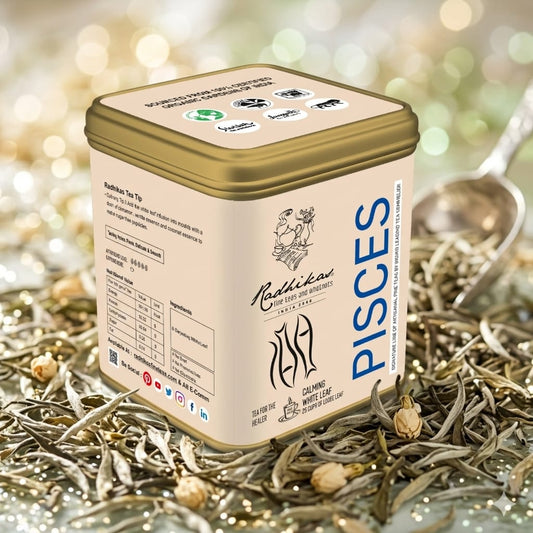 Tea canister labeled 'Pisces' by Radhika on a decorative background with tea leaves.