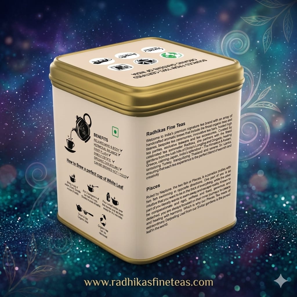 Tea tin with brand information on a mystical background