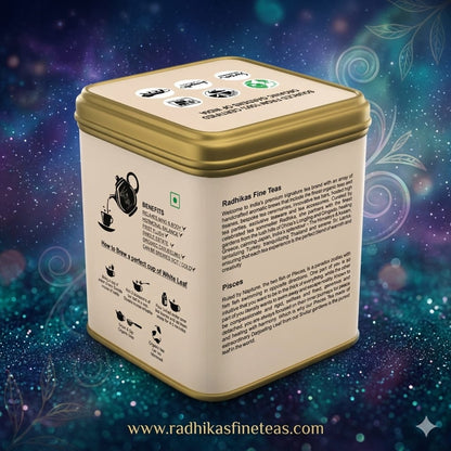Tea tin with brand information on a mystical background