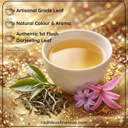 Tea cup with Darjeeling tea leaves and flowers on a glittery background, featuring Radhika's Fine Teas branding.