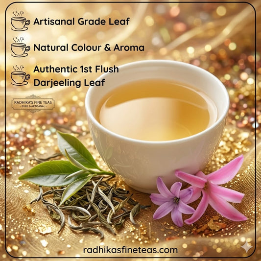 Tea cup with Darjeeling tea leaves and flowers on a glittery background, featuring Radhika's Fine Teas branding.