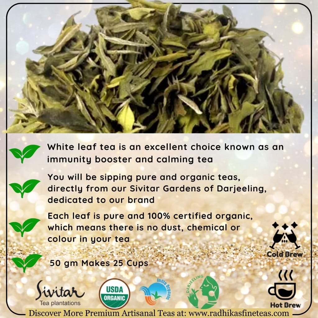 Dry green tea leaves with promotional text about Sivitar tea brand on a white background