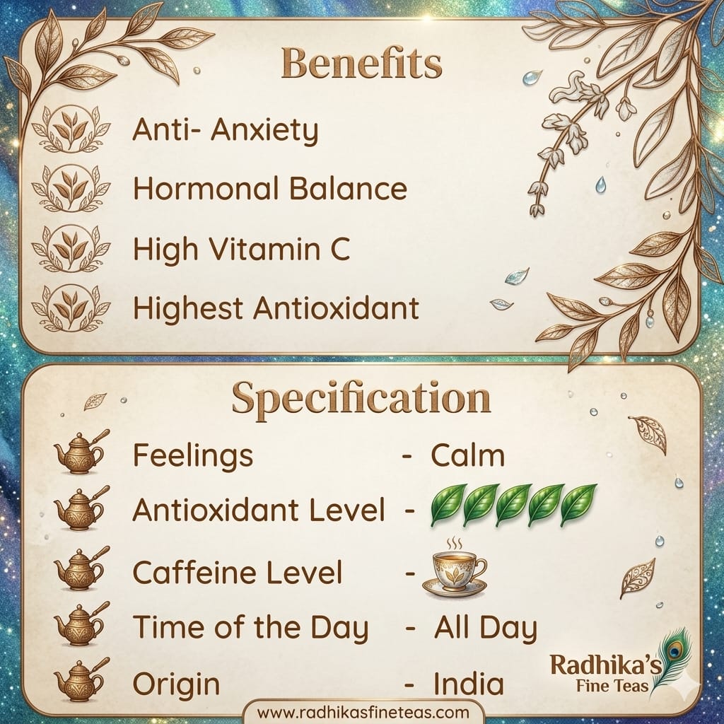 Tea benefits and specifications with decorative elements on a gradient background