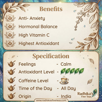 Tea benefits and specifications with decorative elements on a gradient background