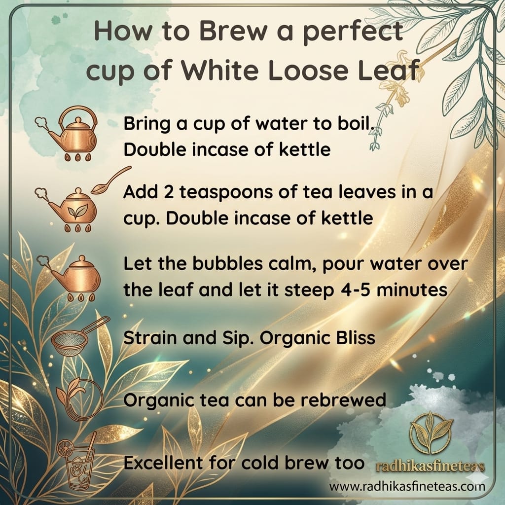 Instructions on how to brew a perfect cup of white loose leaf tea with decorative elements.