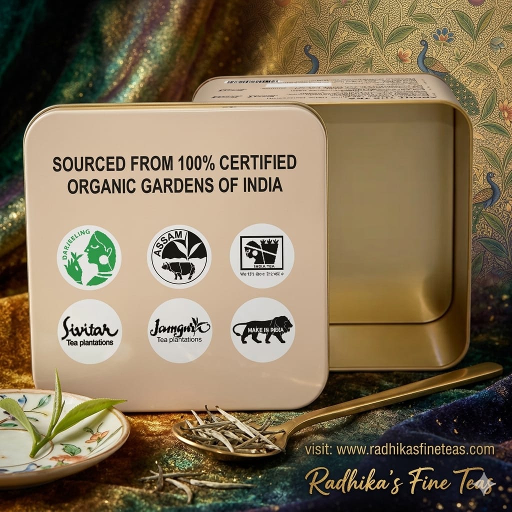 Gold tea tin with certification logos and text on a decorative background