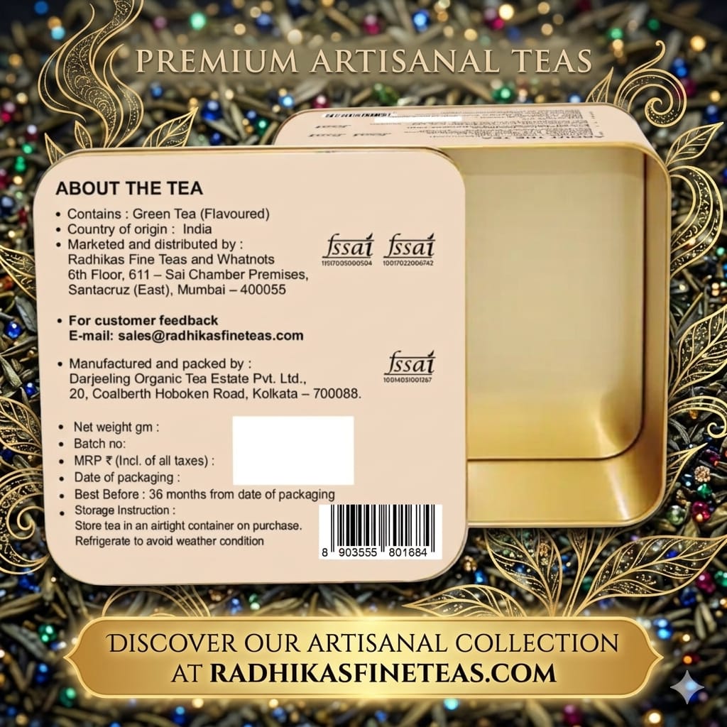 Back of a tea box with branding and product details on a decorative background