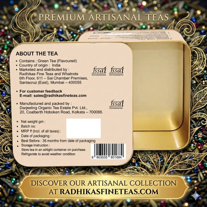 Back of a tea box with branding and product details on a decorative background