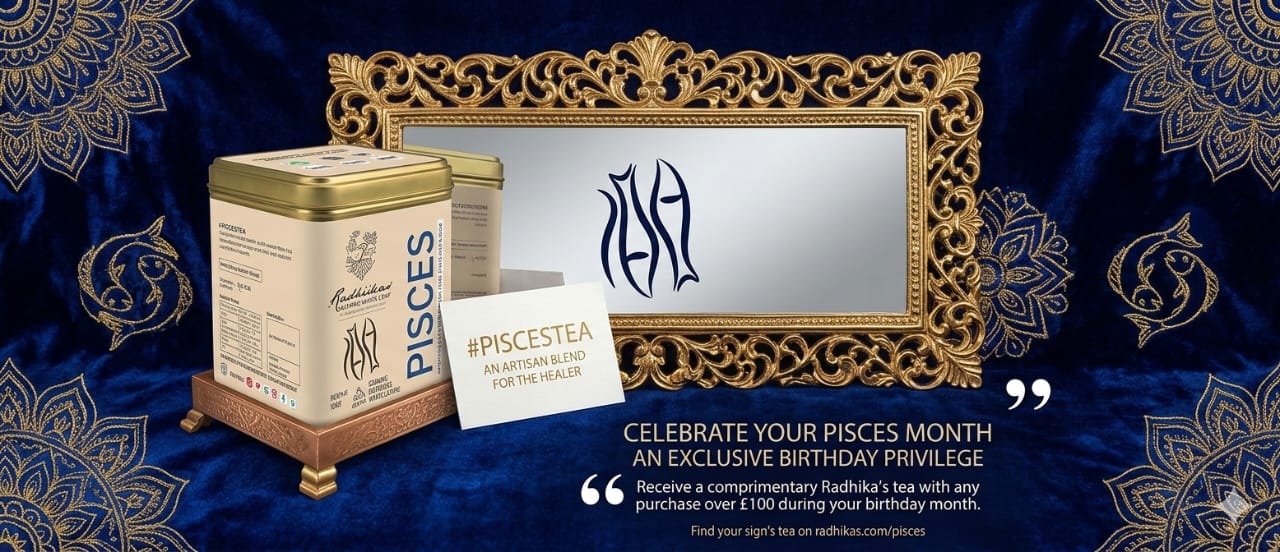 Tea packaging with a decorative frame on a blue patterned background