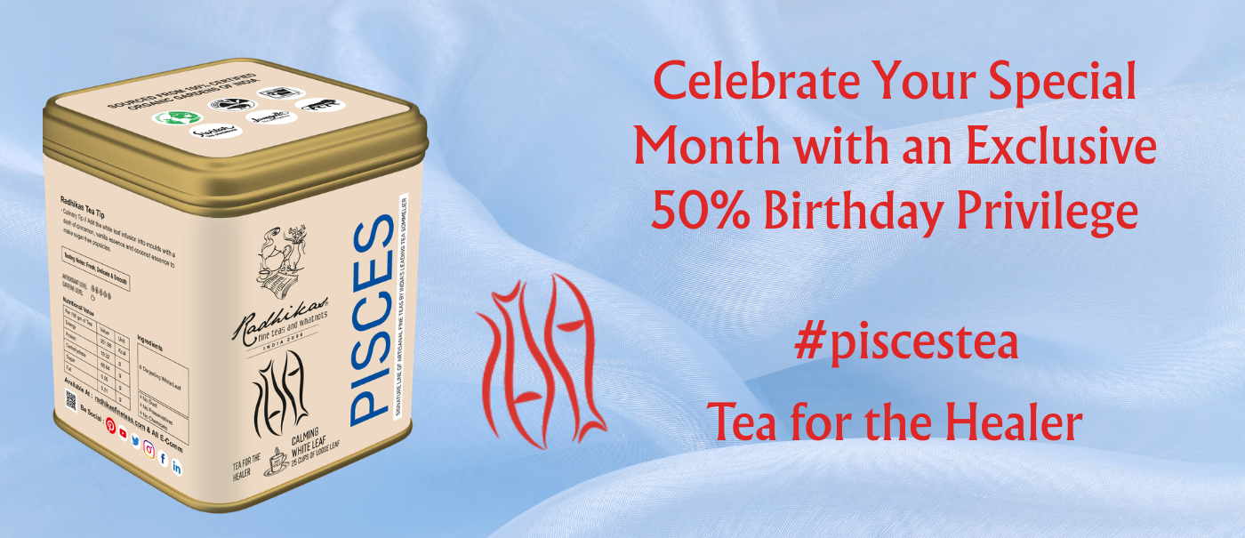 Tea canister with Pisces branding on a blue background with promotional text.