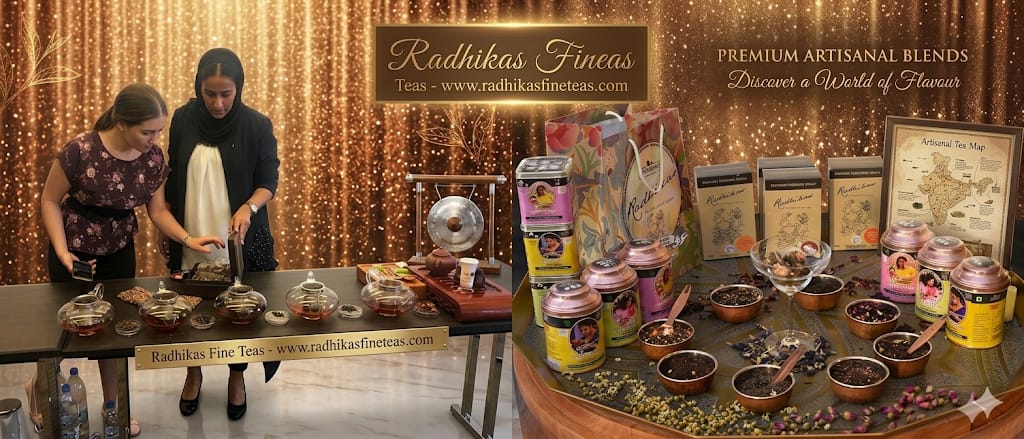 Two women examining products on a table with 'Radhikas Finaes' branding in the background.