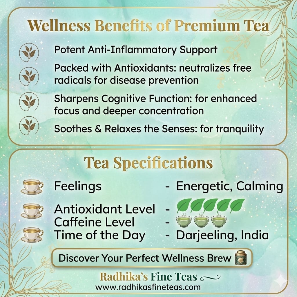 Promotional graphic about the wellness benefits of premium tea with Radhika's Fine Teas branding.