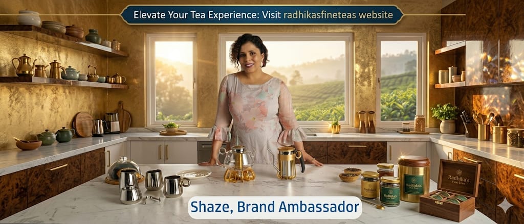 Woman in a kitchen with tea products, promoting Radhika's website.