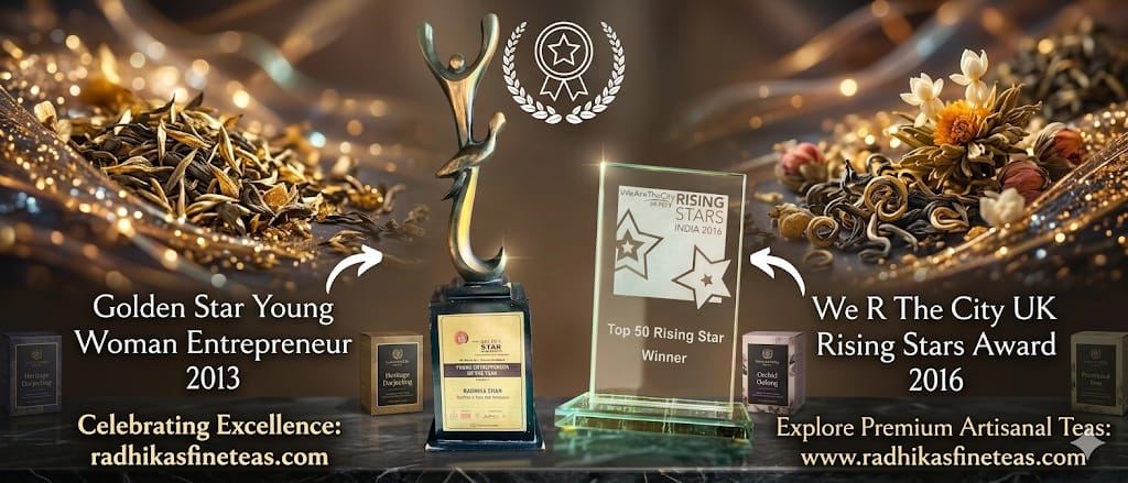 Tea awards and decorative elements with text celebrating tea excellence.