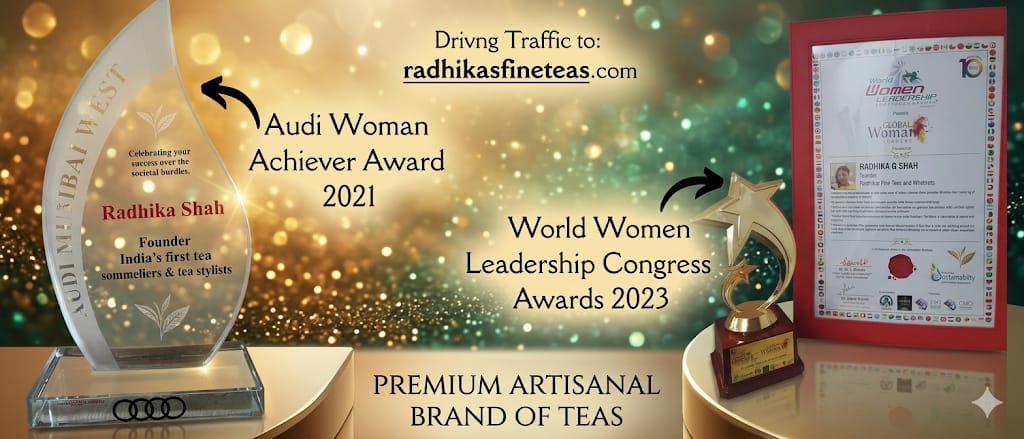 Audi Woman Achiever Award and World Women Leadership Congress Award with a branded tea product on a decorative background.