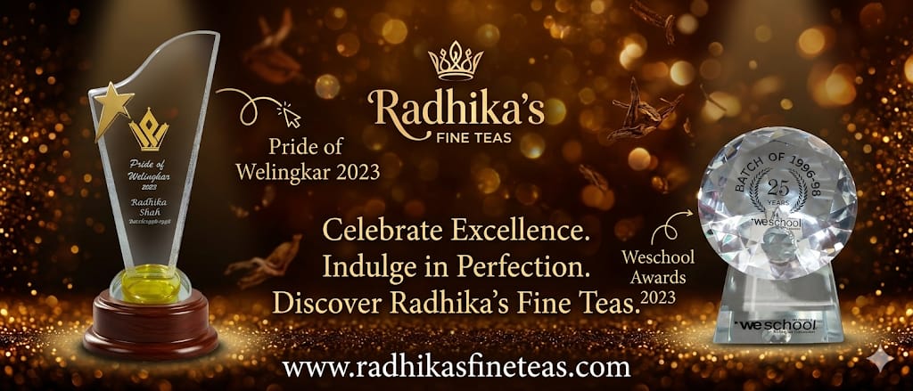 Promotional banner for Radhika's Fine Teas with awards and text on a dark background