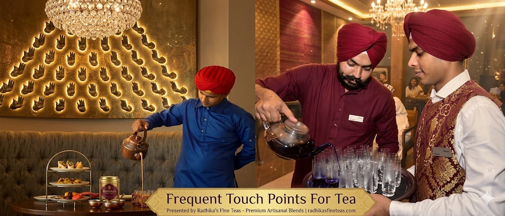 Three men in traditional attire serving tea in a luxurious setting with chandeliers.