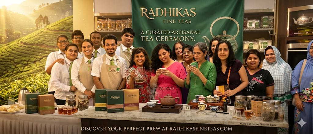 Tea ceremony event with Radhika's Fine Teas branding and participants around a table with tea products.