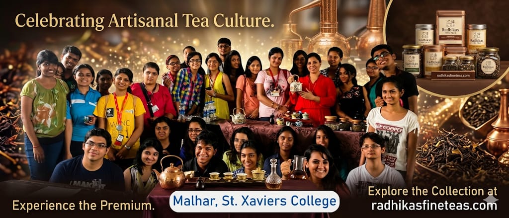 Group of people celebrating artisinal tea culture with tea products displayed.