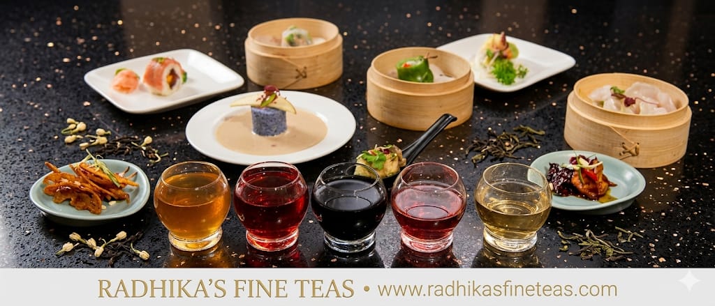 Assorted dishes and drinks on a dark surface with 'Radhika's Fine Teas' branding.