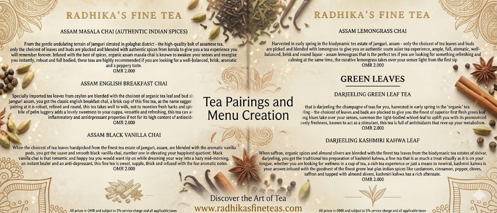 Menu card for Radhika's Fine Tea with tea types and pairings on a decorative background.