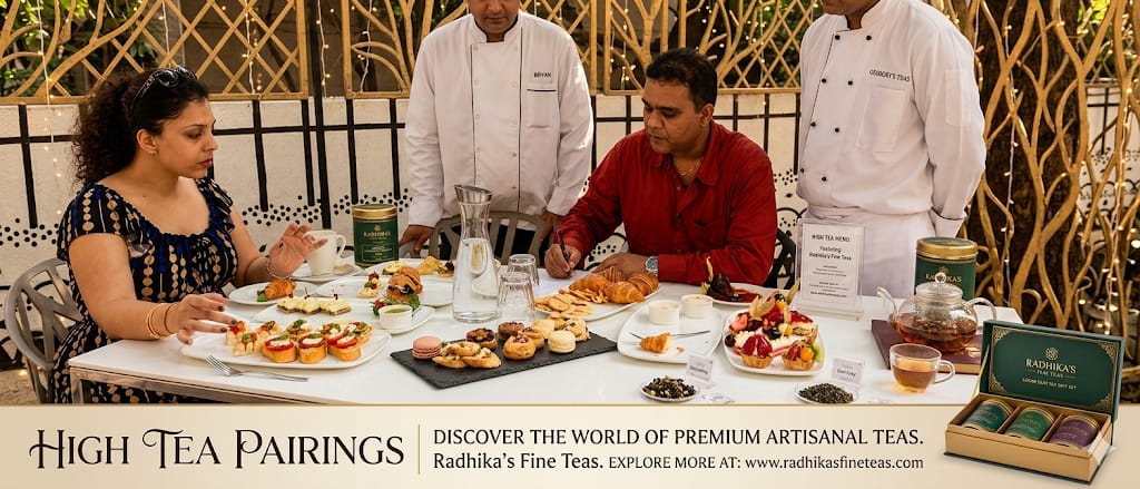 People enjoying a high tea with Radhika's Fine Teas at a restaurant.