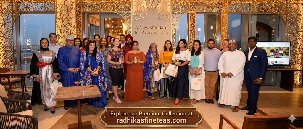 Group of people in a formal setting with promotional text for Radhika's Finest Teas.