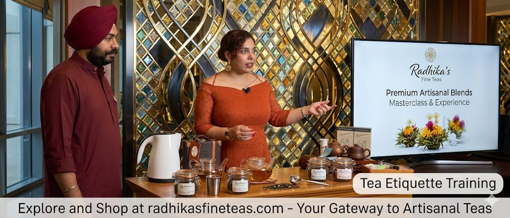 Two people in a tea shop setting with a screen displaying Radhika's Tea.