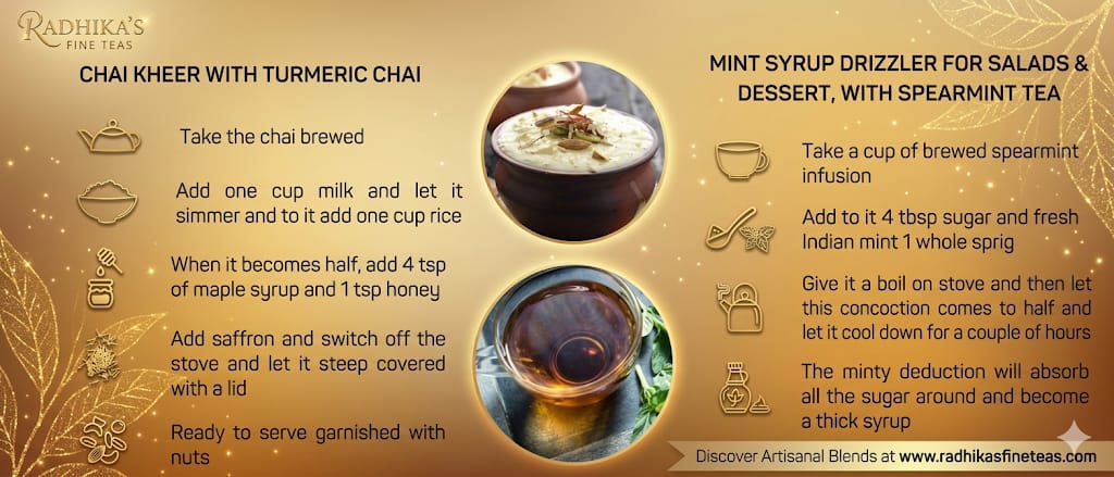 Instructions for making Chai Kheer with Turmeric Chai and Mint Syrup Drizzler for Salads & Dessert with Spearmint Tea on a gold background.