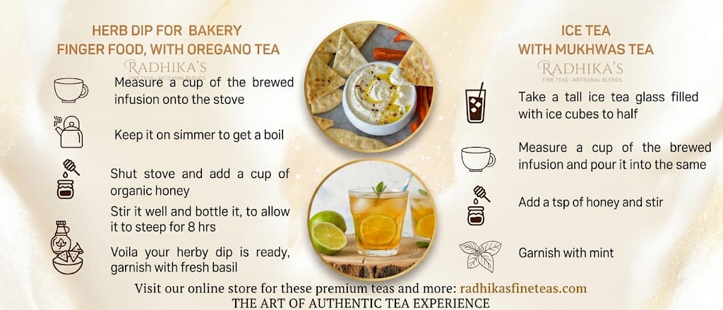 Instructions for making herb dip and ice tea with Radhika's tea, featuring images of the dishes and text.