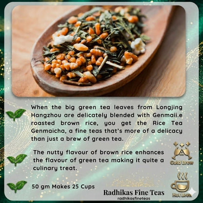 Wooden spoon with green tea leaves and roasted brown rice on a wooden surface, with text about the tea blend.
