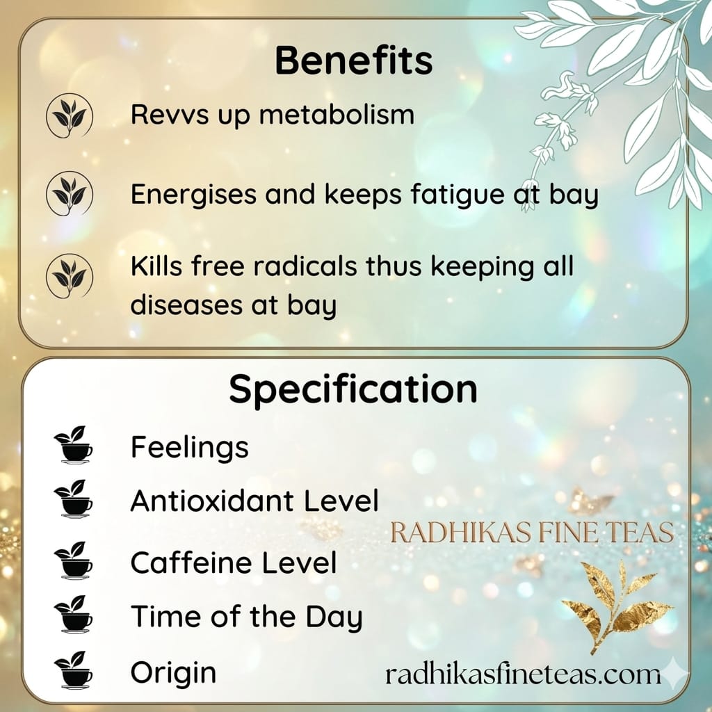 Tea benefits and specifications with decorative elements on a gradient background