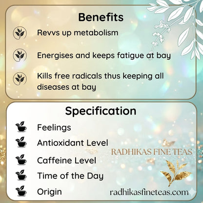 Tea benefits and specifications with decorative elements on a gradient background