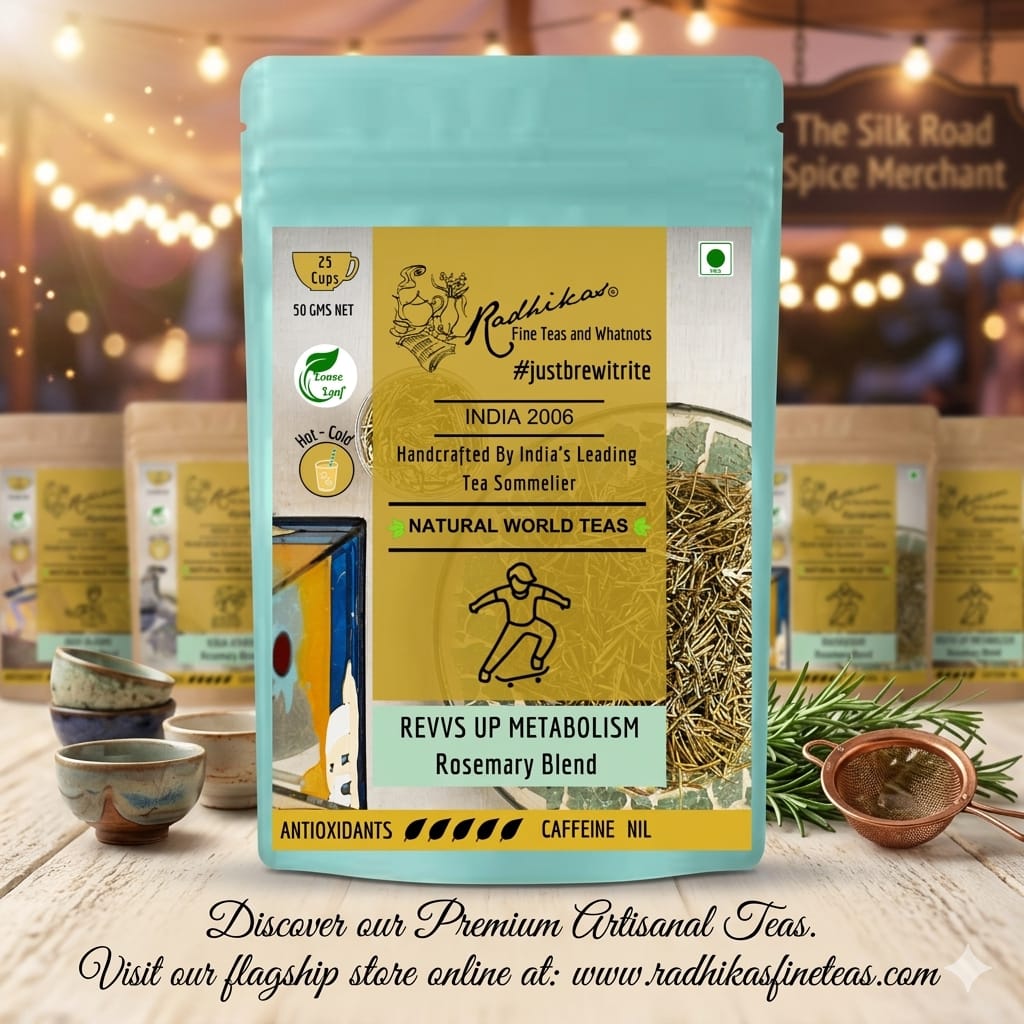 Tea package with branding and product details on a wooden surface with blurred background
