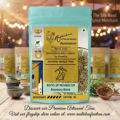 Tea package with branding and product details on a wooden surface with blurred background